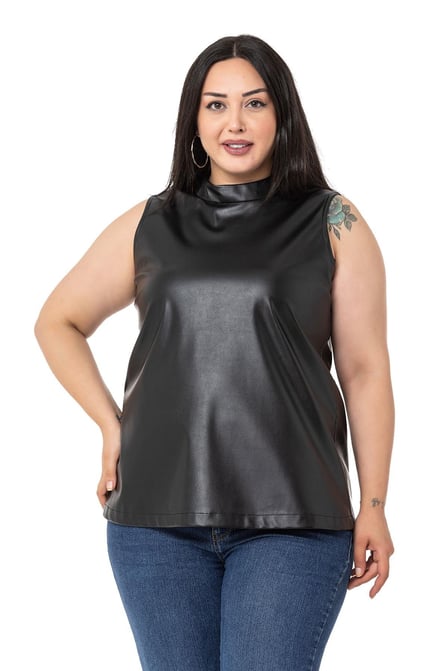 Plus Size Stand Collar Sleeveless Leather Black Blouse