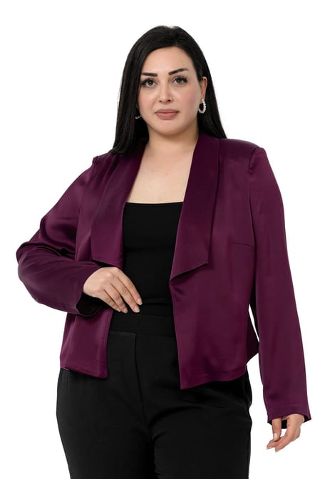 Plus Size Shawl Collar Unlined Short Satin Plum Jacket