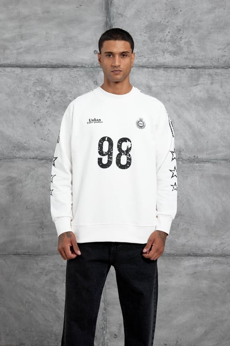Beyaz 98 Baskılı Çizgili Tasarım Oversize Sweatshirt