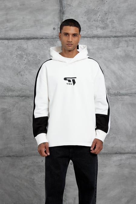 Beyaz Advance Baskılı Kapüşonlu Oversize Sweatshirt
