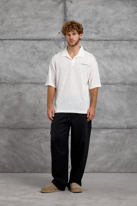 Beyaz FLAMLI KUMAŞ OVERSIZ POLO YAKA TSHIRT