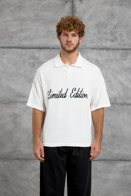 Beyaz LIMITED YAZILI POLO YAKA TRİKO TSHIRT