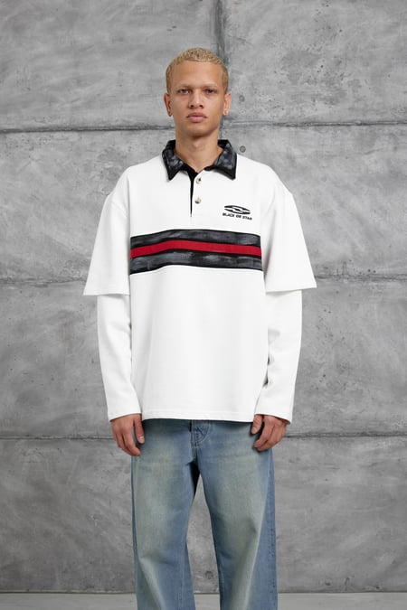 Beyaz Nmrc Polo Yaka Kolu Parçalı Oversize Sweatshirt