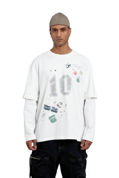 Beyaz Sayı Baskılı Oversize Kolu Parçalı Tasarım Sweatshirt