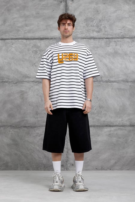 Beyaz Y269 Baskılı ve Çizgili Oversize Tshirt