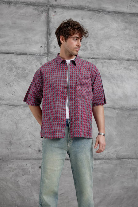 Bordo Kareli Kısa Kol Oversize Gömlek