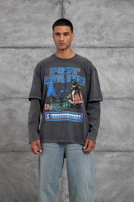 Füme Post Malone Yazılı Yıkamalı Oversize Sweatshirt