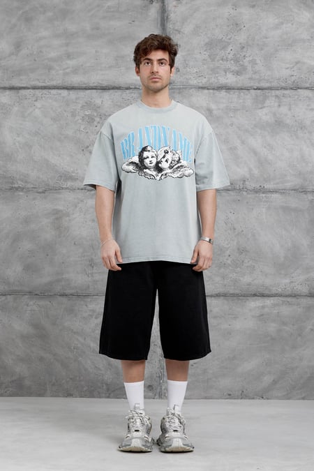 Gri Brandname Yazılı Yıkamalı Oversize Tshirt