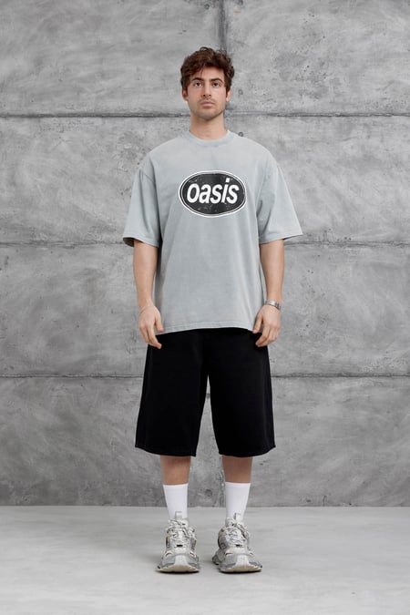 Gri Oasis Yazılı Yıkamalı Oversize Tshirt