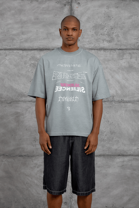 Gri YAZI BASKI YIKAMALI KUMAŞ OVERSIZE TSHIRT