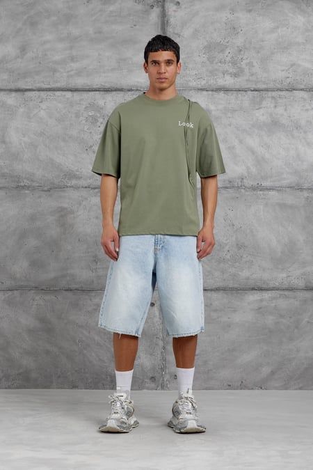 Haki Look Yazılı Parçalı Oversize Tshirt