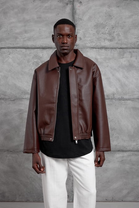 Kahverengi OVERSIZE BOMBER DERİ CEKET