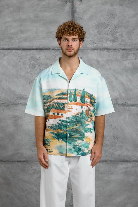 Krem DIGITAL BASKI OVERSIZE GÖMLEK