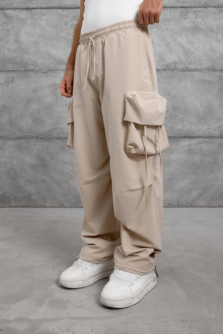 Krem Kargo Cep İp Detaylı Paraşüt Kumaş Eşofman