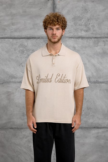Krem LIMITED YAZILI POLO YAKA TRİKO TSHIRT
