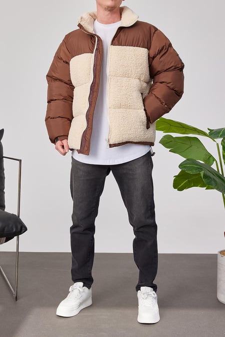 Krem Peluş Detaylı Kahverengi Mont