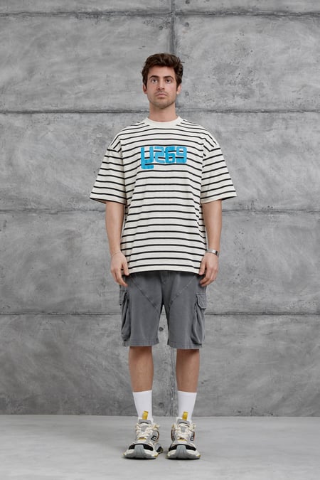 Krem Y269 Baskılı ve Çizgili Oversize Tshirt