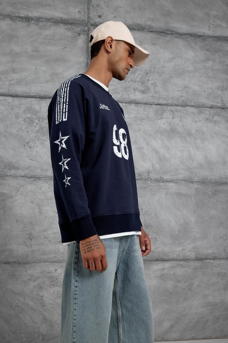 Lacivert 98 Baskılı Çizgili Tasarım Oversize Sweatshirt