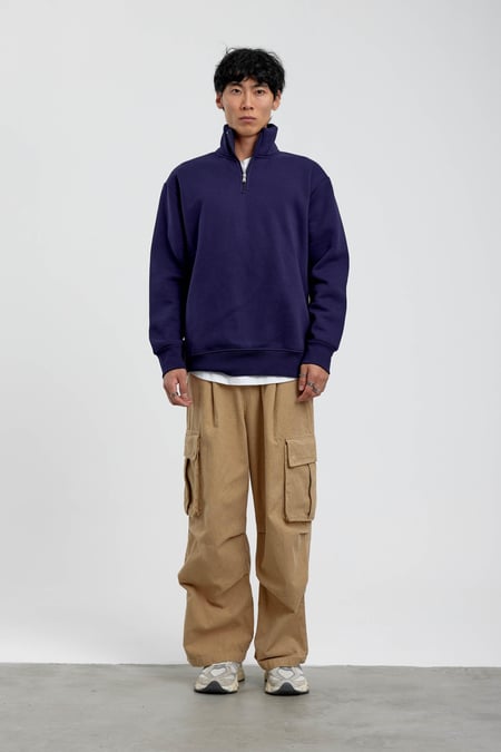 Lacivert Yakası Fermuarlı Basic Şardonlu Sweatshirt