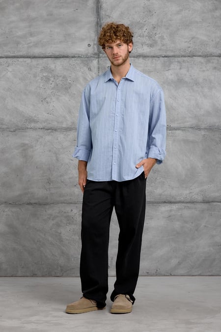 Mavi GST ÇİZGİLİ OVERSIZE GÖMLEK