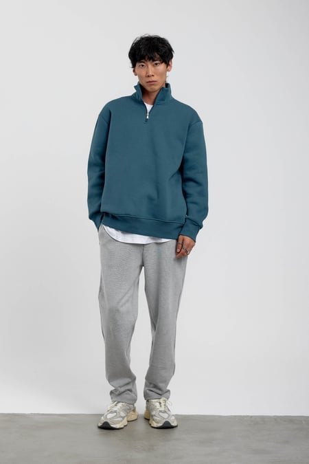 Mavi Yakası Fermuarlı Basic Şardonlu Sweatshirt