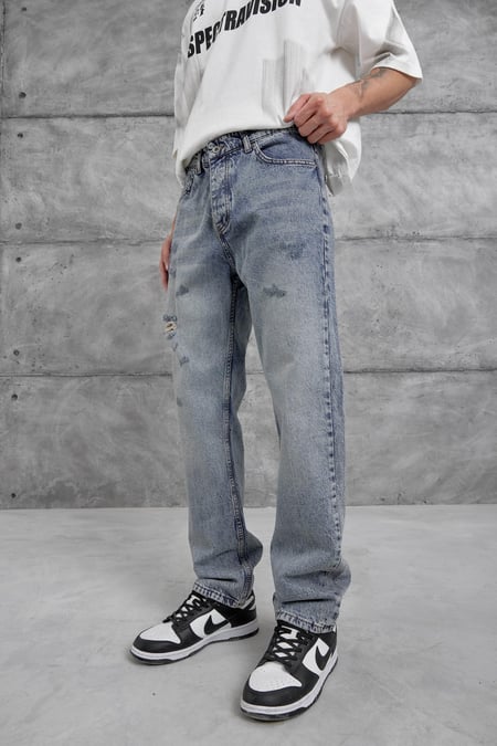 Mavi Yırtık Detaylı Baggy Jean