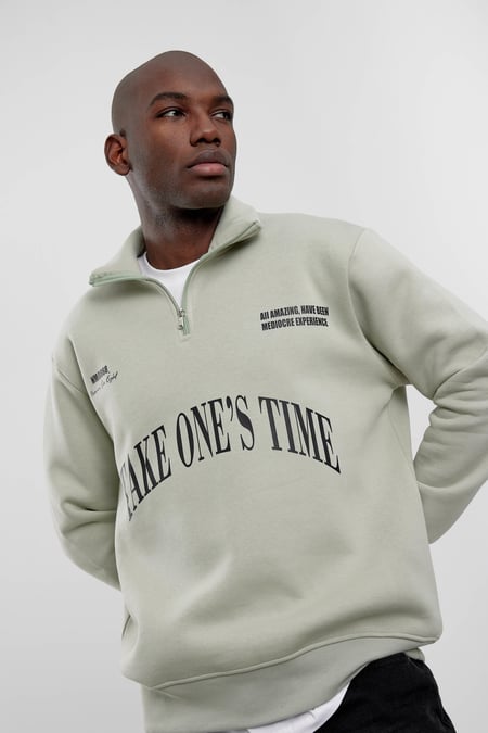 Mint Yeşili Take One's Time Yazılı Yarım Fermuarlı Sweatshirt