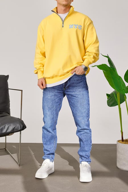 NYC Yakası Fermuarlı Sarı Sweatshirt