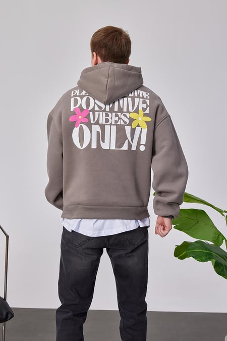 Positive Vibes Kahverengi Kapüşonlu Sweatshirt
