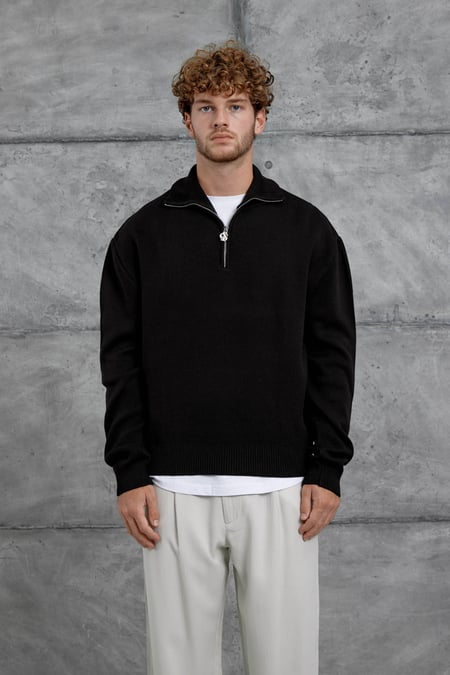 Siyah Gst Yarım Fermuarlı Oversize Triko