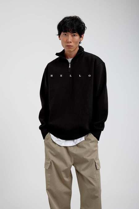 Siyah Hello Yazılı Yarım Fermuarlı Sweatshirt