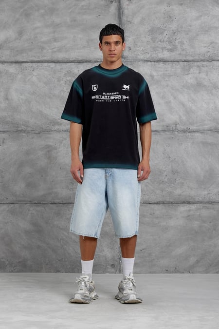 Siyah Restart Baskılı Oversize Tshirt
