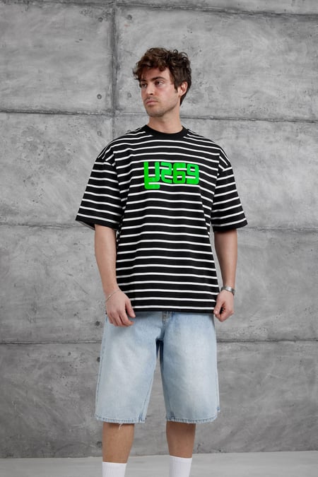 Siyah Y269 Baskılı ve Çizgili Oversize Tshirt