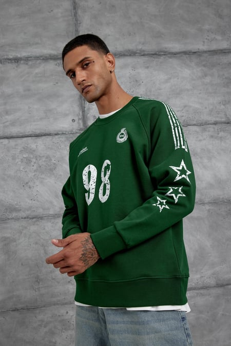 Yeşil 98 Baskılı Çizgili Tasarım Oversize Sweatshirt