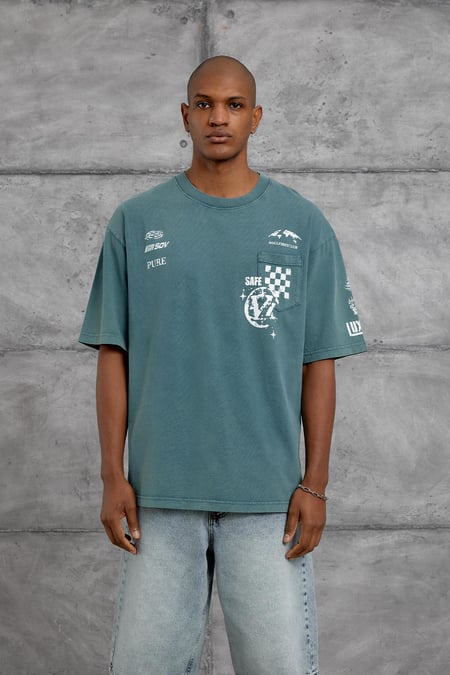 Yeşil CEP BASKI YIKAMALI OVERSIZE TSHIRT