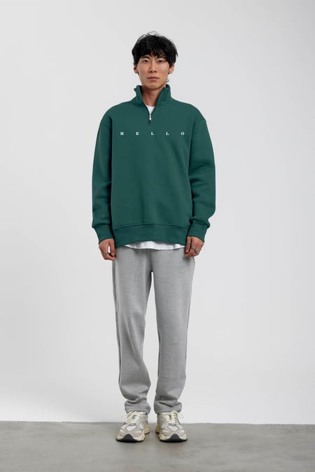 Yeşil Hello Yazılı Yarım Fermuarlı Sweatshirt