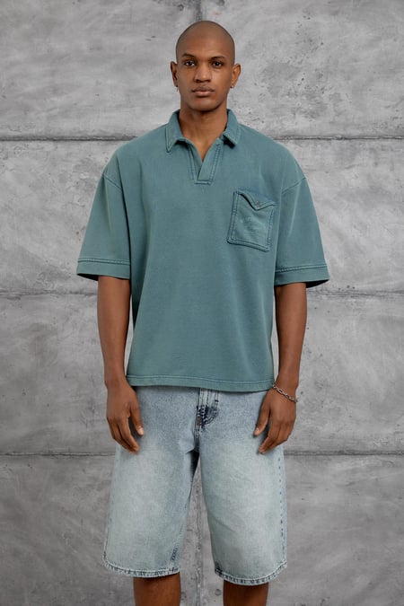 Yeşil POLO YAKA CEPLI YIKAMALI OVERSIZE TSHIRT