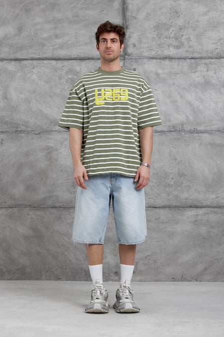 Yeşil Y269 Baskılı ve Çizgili Oversize Tshirt