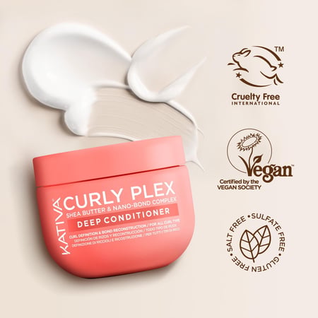 Kativa Curly Plex Deep Conditioner formül ve sertifika görseli — Cruelty Free, Vegan, Salt Free, Sulfate Free, Gluten Free