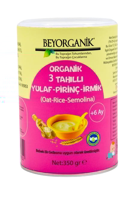 Bebek Ek Gıdası Organik 3 Tahıllı Yulaf Pirinç İrmik 350gr +6ay (PESTİSİT VE AFLATOKSİN ANALİZLİ) görseli.