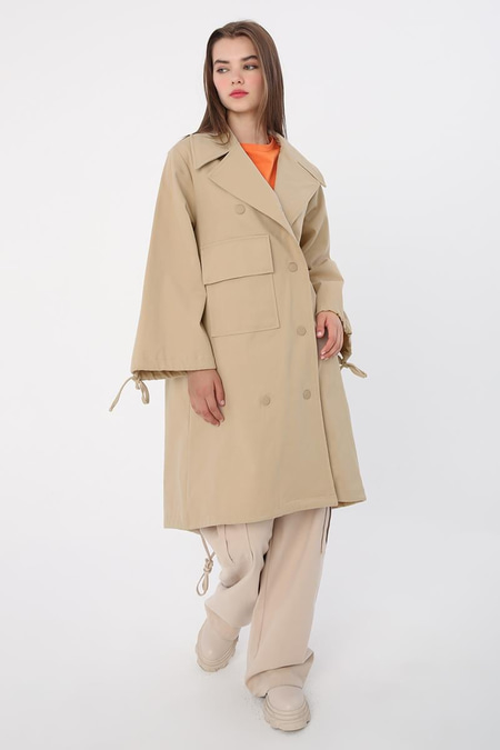 Light Beige-Cotton, Gathered Sleeves, Single Pocket, Snap Fastener Cap
