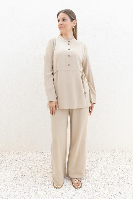 Beige-TieDetailedSuitwithTrousers