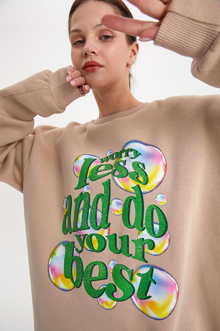 Bej01-Baloncuk Baskılı Oversize Sweatshirt