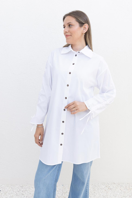 White - Pocketed Shirt With Drawstring Sleeves