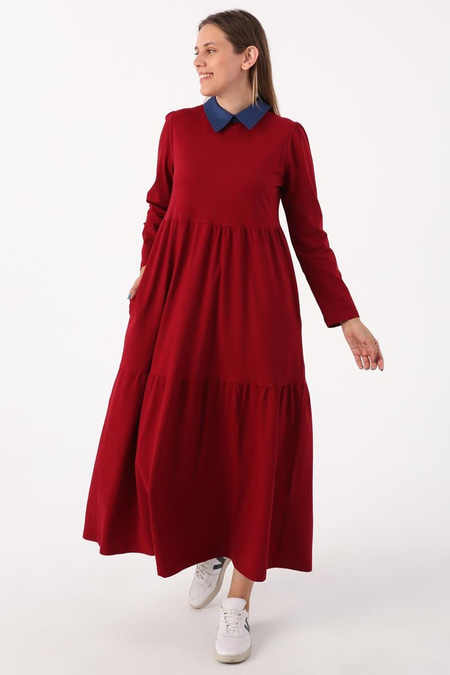 Burgundy-Cotton Shirt Collar Pocket Ruffle Knitted Dress