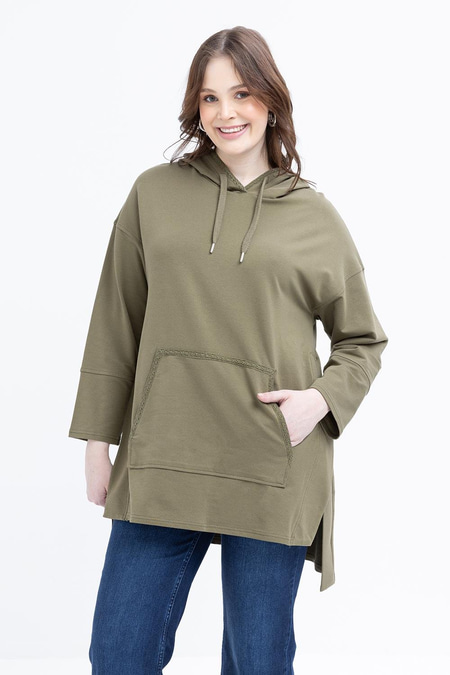 Haki-Kanguru Cepli Şerit Dantelli Sweat