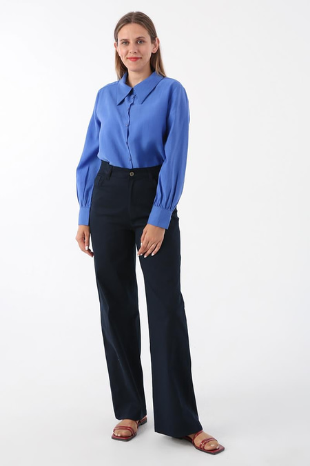 Navy Blue-Cotton High Waist Wide Leg Lycra Trousers