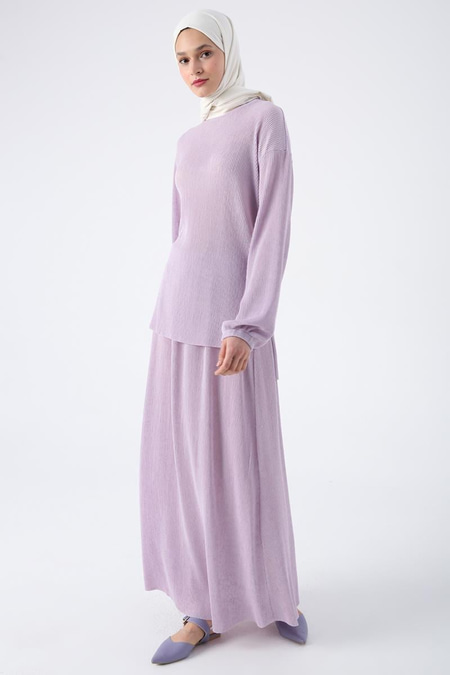Lilac-Pleated Slit Detailed Blouse and Skirt Suit