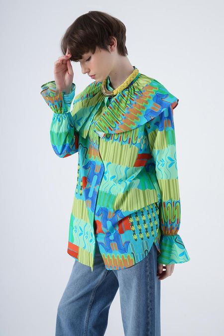 Blue-Brick-100% Cotton Large Collar Printed Patterned Shirt Tunic