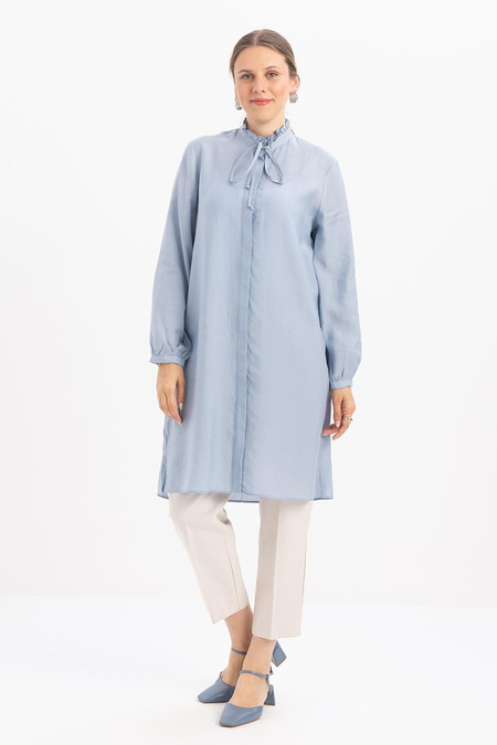 Blue - Ruffled Collar Tied Long Shirt